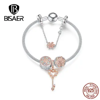 

2019 Women Bracelets BISAER 925 Sterling Silver Love Key Snake Chain Clasp Silver Bracelets Sterling Silver Jewelry ECB824