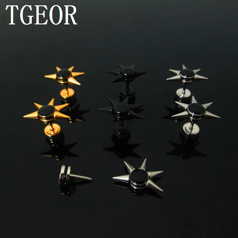 

free shipping illusion cheaters earring 1 pair 1.2*6*6/19mm Stainless Steel colors 5 spikes drop oil ear piercing fake plugs