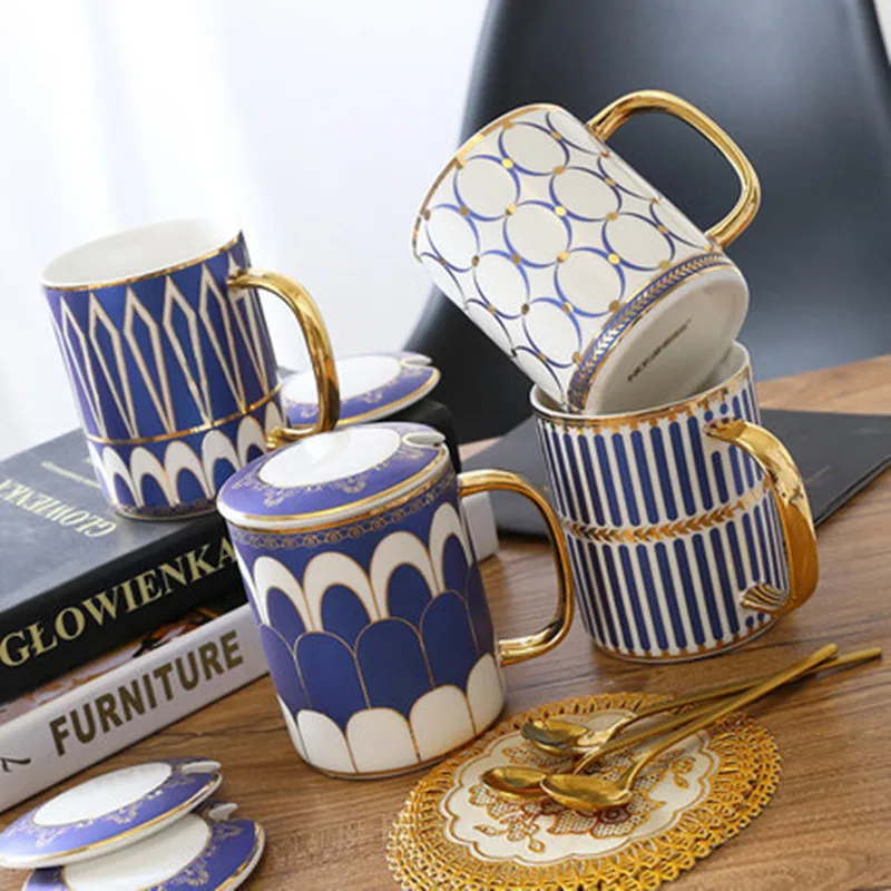 Голубая и Золотая костяного фарфора кофейная чашка с ложкой Европейский стиль креативный керамический послеобеденный чай чайная чашка для воды красивая подарочная коробка