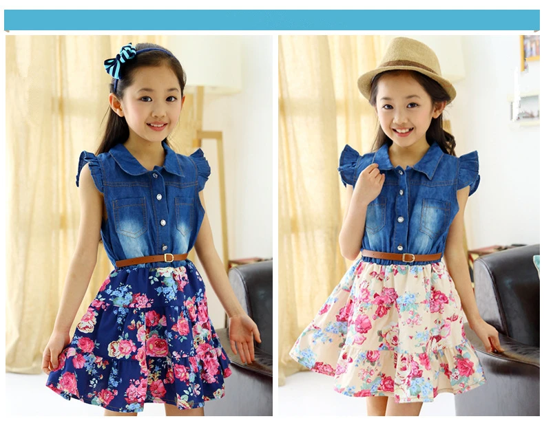 2018 Big Girl Princess Dress Summer Fashion Floral Denim Party Kids Dresses For Girls Cotton Sleeveless Children Costume 13 Year (2)
