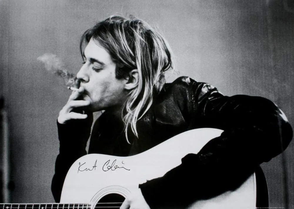 Home Decor Kurt Cobain Smoking With Guitar Black & White Music-Silk Art Poster Wall Sicker Decoration Gift