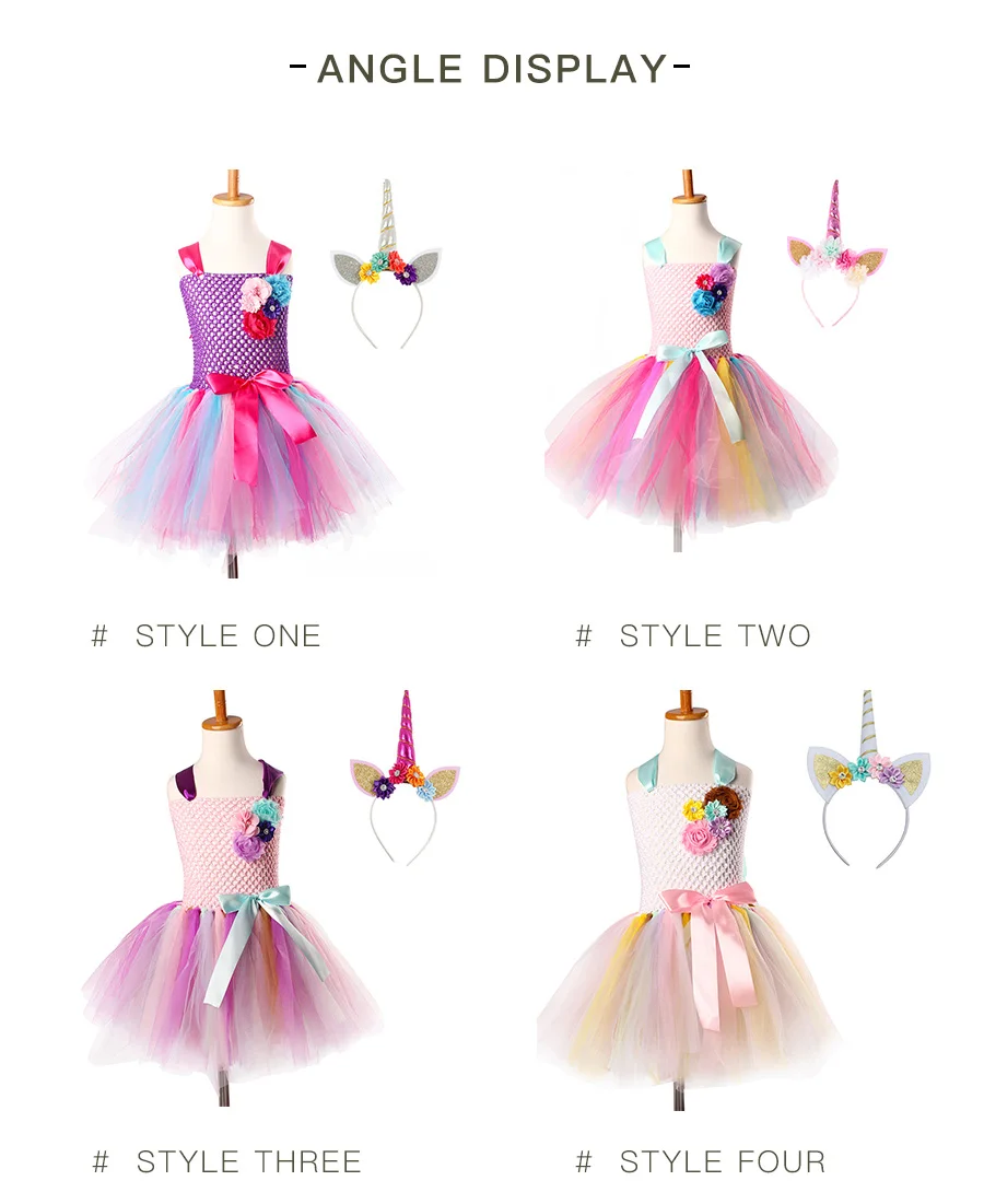 Elegant Rainbow Unicorn Girls Tutu Dresses Kids Flowers Birthday Party Dress with Headband Children Princess Tulle Prom Clothing  (6)