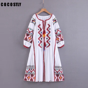 

Summer Dress White Purple Floral Print Embroidery Long Sleeve Free Size Loose Maxi Dress Vintage Vestido Women Clothes