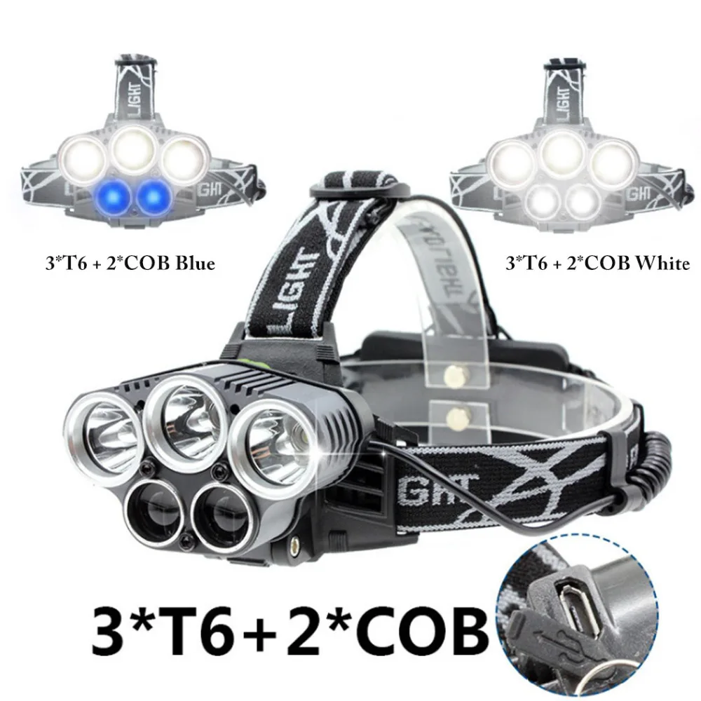 Светодиодные фары 5 LED 8000 Люмен Масштабируемые фар-6 режимов XML T6 LED Водонепроницаемый налобный фонарь с Аккумуляторы 10