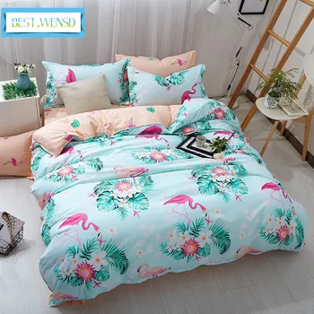 

BEST.WENSD Cotton Leaf flamingo bedclothes Cartoon animals Deluxe bedding soft duvet cover kids twin full queen comforter set