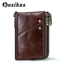 BOSIKAS Men Genuine Leather Wallet Male Purse with Coin Pocket Zipper Wallet Credit Card Holder Wallets Men Short Leather Wallet