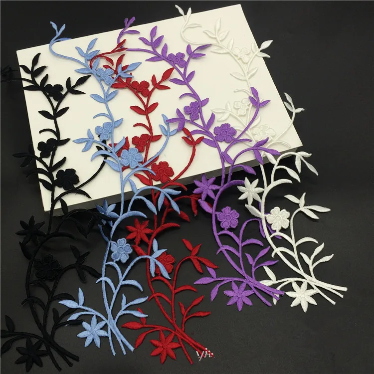 

10Pcs Large Embroidery Appliqe Plum Flower Patch Lace Iron On Cloth Dress Decorate Accessories Patchwork Diy 34*10CM Blue Black