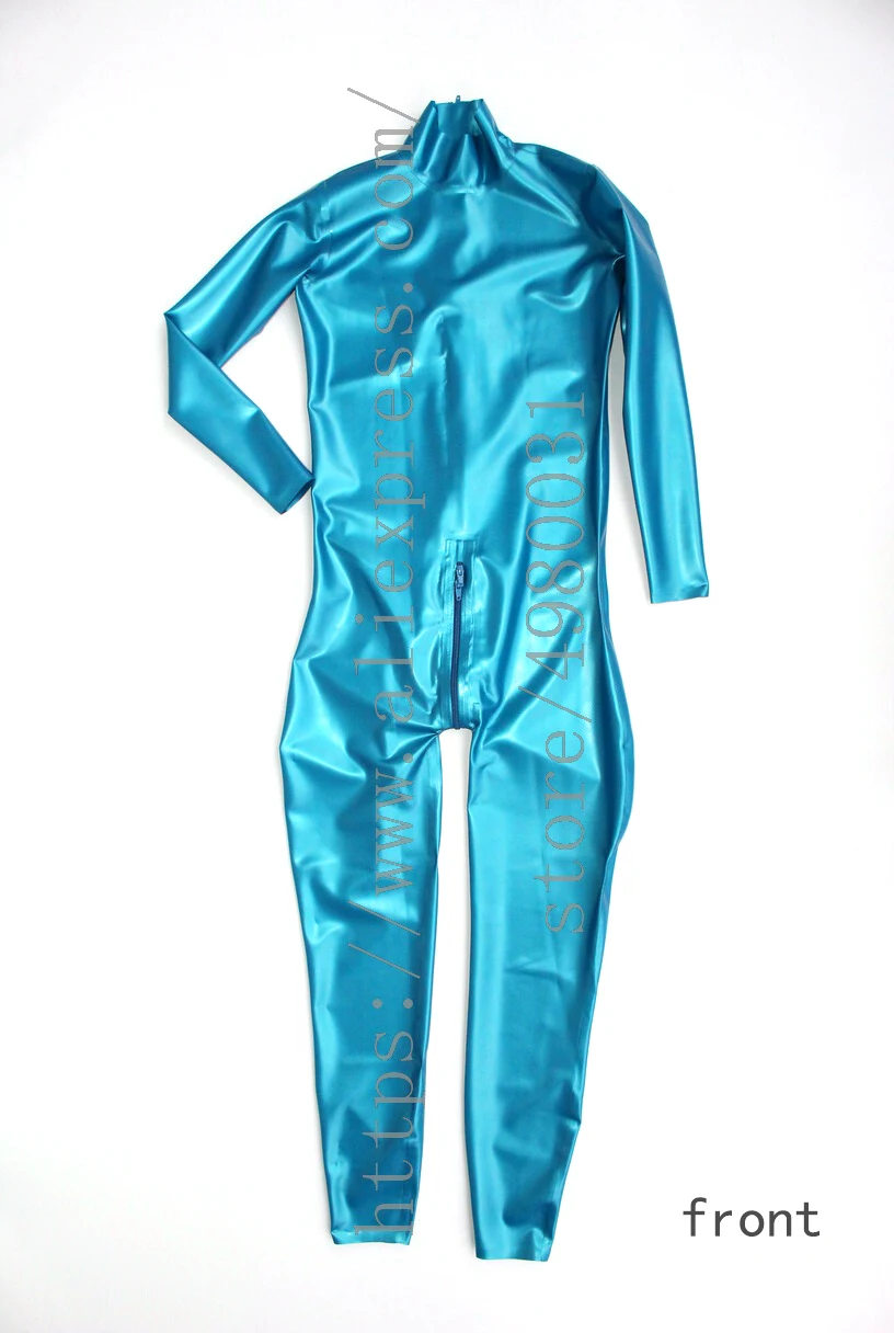 Блестящий латексный Zentai металлик синий мужской Фетиш латексный костюм homme с молнией сзади на животе