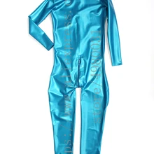 Блестящий латексный Zentai металлик синий мужской Фетиш латексный костюм homme с молнией сзади на животе