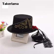 Takerlama Retro Vintage Unisex Butterfly Steampunk Rose Gears Black Top Hat Gothic Victorian Hats Halloween Lolita Cosplay Hats