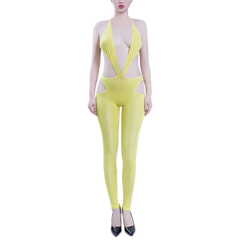 Для женщин Sexy Cut Out See Through боди Облегающий комбинезон Клубная одежда Просвечивающая Ночная рубашка Холтер стрейч спинки Длинные брюки для девочек боди - Цвет: Yellow