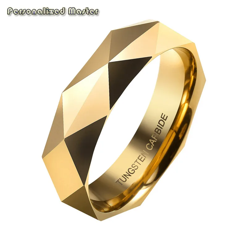 Personalized Master Tungsten Rings - Personalized 6mm Multi-Faceted Tungsten Carbide Rings Gold Polished Wedding Ring