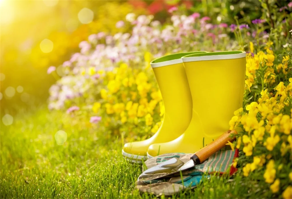 

Laeacco Spring Flower Cute Shoe Shovel Bokeh Baby Newborn Photo Backgrounds Customized Photography Backdrops For Photo Studio