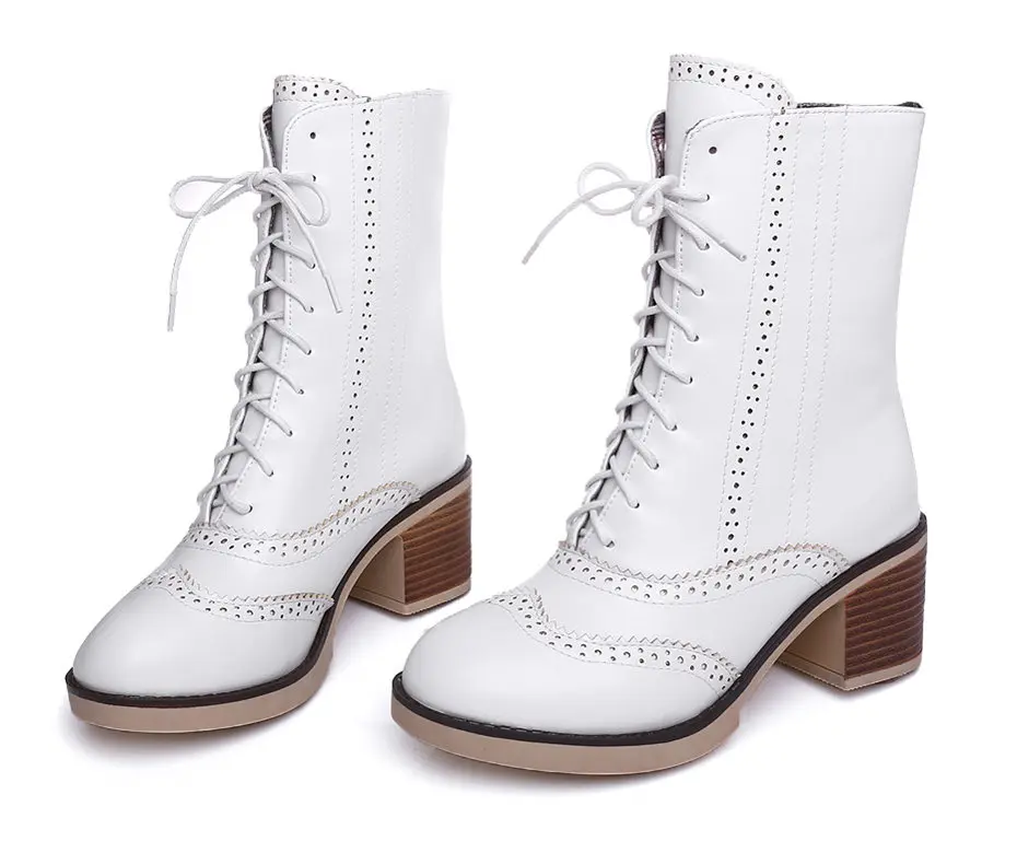 British Women Mid-calf Boots Square Thick Platform High Heel Martin Boots British PU Leather Round Toe Lace-up Plush Half Bootie