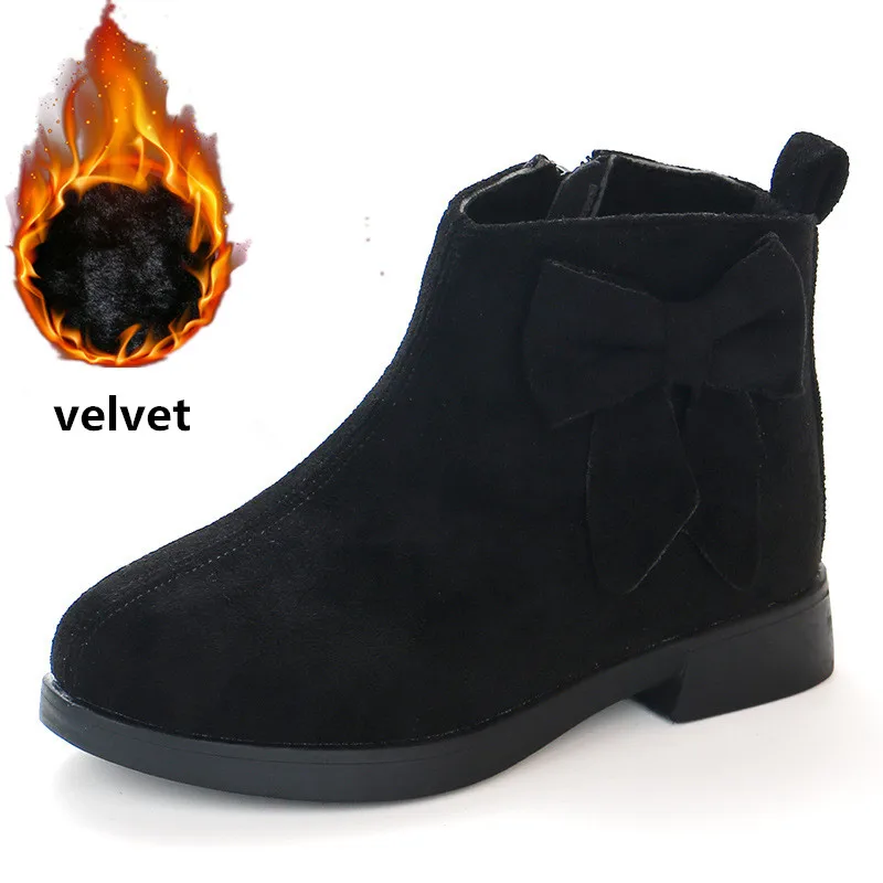 velvet black Детские ботинки для девочек; осенне-зимние детские ботинки для девочек; модные тонкие ботинки; теплые хлопковые бархатные Детские ботильоны с бантом - Цвет: velvet black