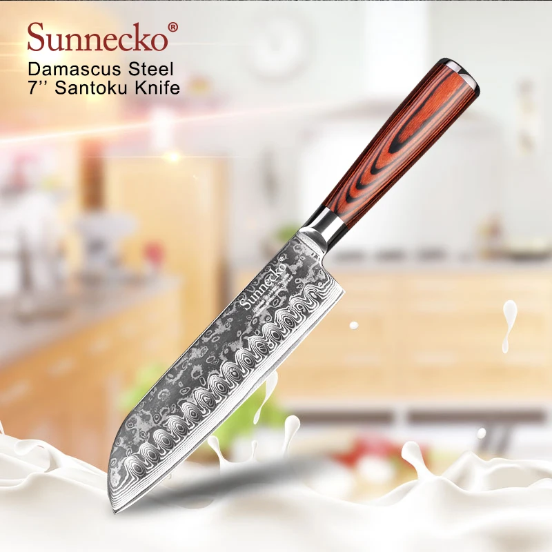 

SUNNECKO High Quality 7'' Santoku Knife Damascus Steel Japanese VG10 Core Sharp Blade Kitchen Knives Wood Handle Cooking Tools
