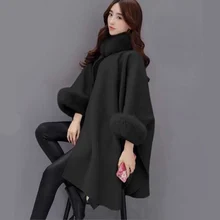 Горячее женское зимнее шерстяное меховое пальто воротник накидка с рукавами свободное Асимметричное пальто MSK66
