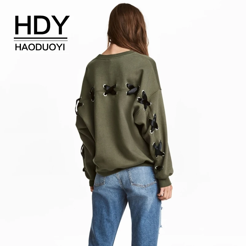 Женский свитер HDY Haoduoyi черный/зеленый свободный с длинным рукавом и о-вырезом