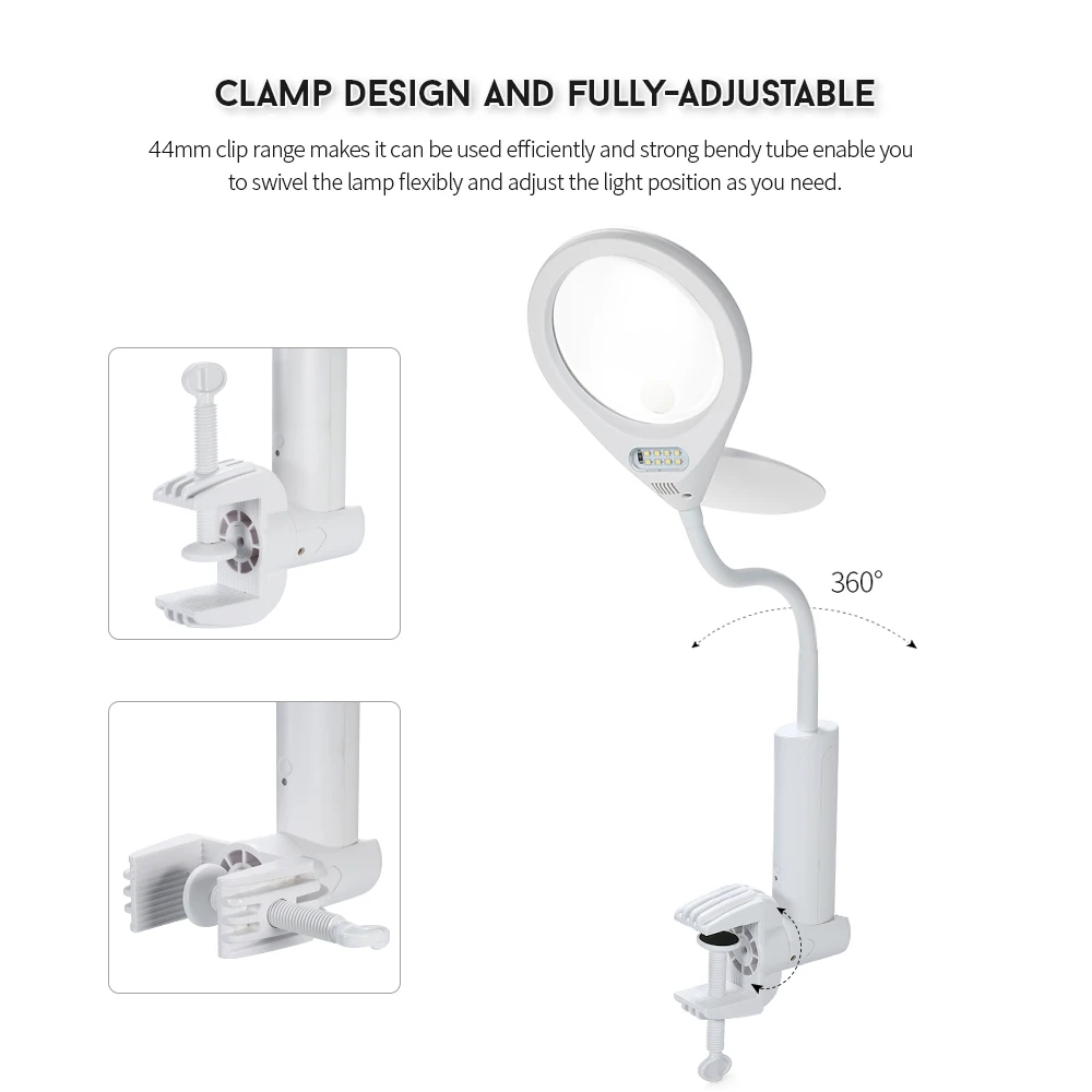 Светодиодный настольная лампа лупа 2-в-1 клип-на 2.3X/6X увеличительное Стекло с светильник инструмент для ремонта Лупа для чтения