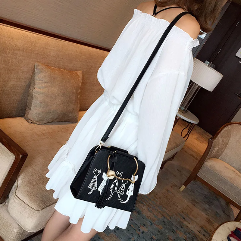 Women Handbag Cat Pattern PU Leather Female Single Shoulder Bags Cute Kitty Black Messenger Bag Ladies Fashion Tote Bolsa SS0347 (16)