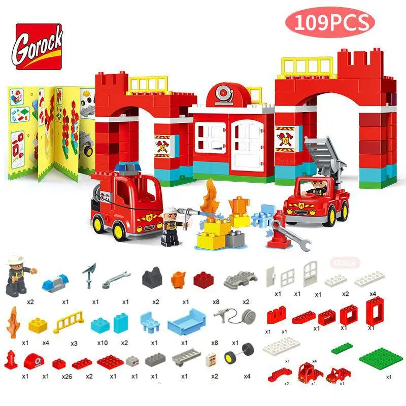 

GOROCK 109PCS/SET City Fire Station Model Large Particles Building Blocks City Fireman Large Size Brick Toys Compatible Duploe