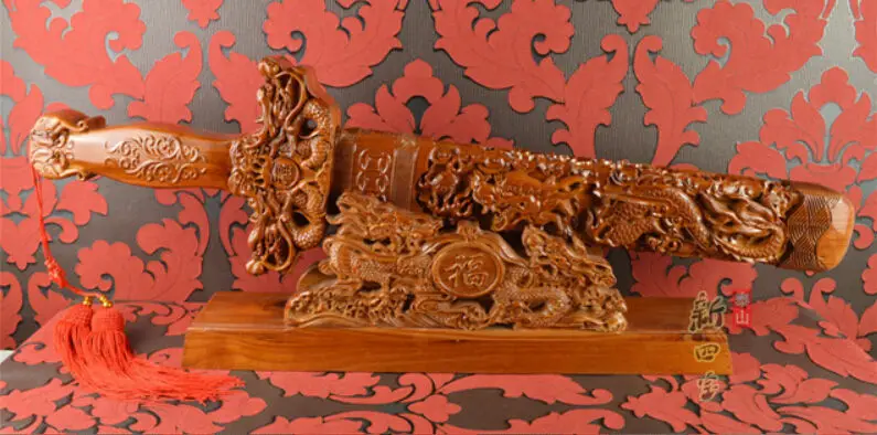 

China handwork peach wood talisman Feng Shui good luck two dragon sword Statue A(0505)