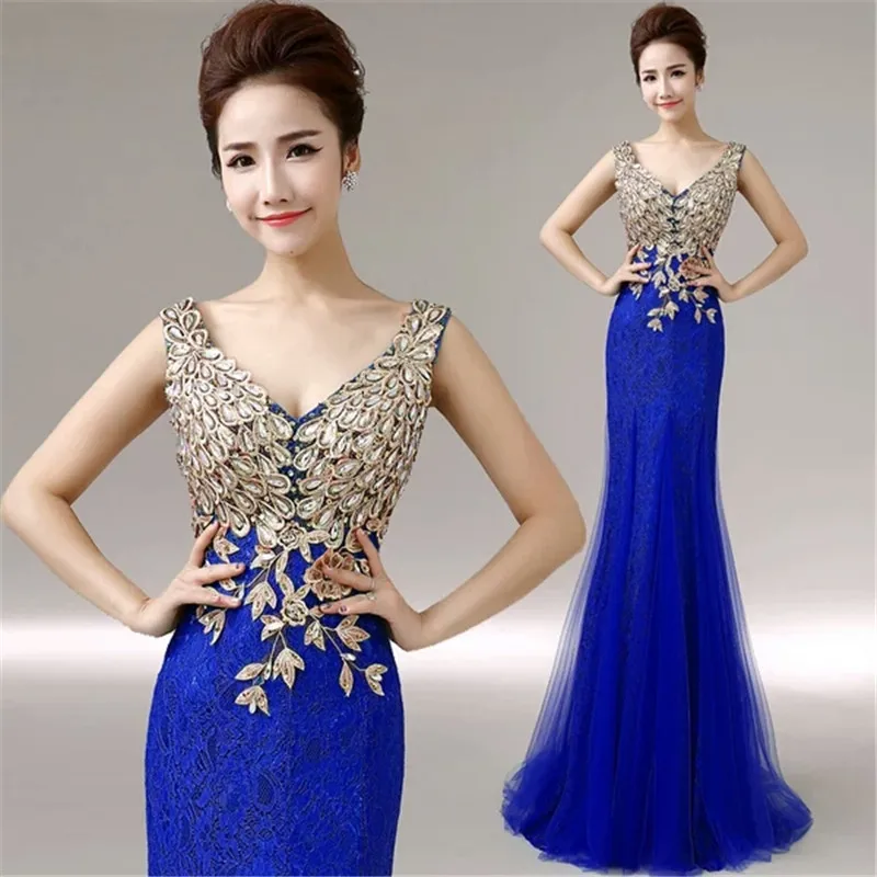 Sexy Deep V Neck Sleeveless Prom Party Dress Royal Blue Long Mermaid Evening Appliqued Elegant Formal Women | Свадьбы и торжества