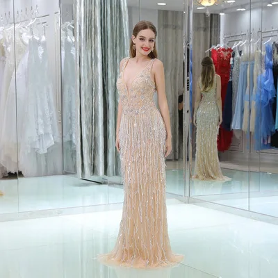 

See Through Evening Dresses Long 2018 Mermaid Arabic Floor Length Heavy Beaded Crystal New Arrival Prom Dress