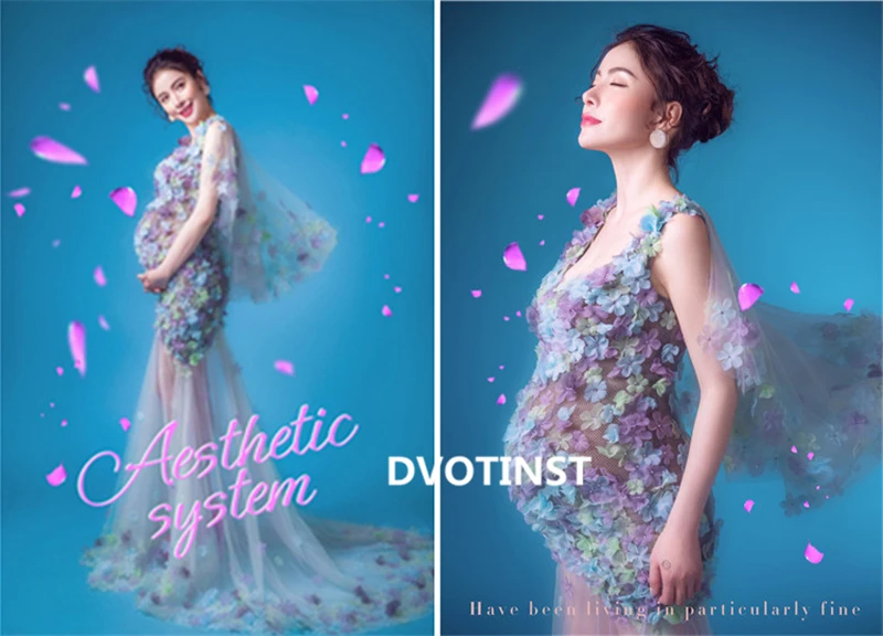 

Dvotinst Women Photography Props Maternity Dresses Flora Colorful Cape Pregnancy Dress Perspective Elegant Mesh Dress for Studio