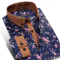 Men's 100% Cotton Floral Print Long Sleeve Flower Dress Shirt Contrast Patchwork Collar&Cuff Smart Casual Button-Down Shirts