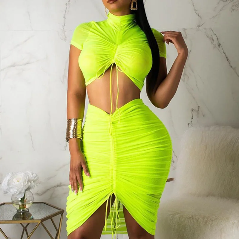 2019 Новый лимонно-зеленый верх с рюшами + юбка женские комплекты из двух предметов сетчатые Прозрачные Пляжные повседневные праздничные