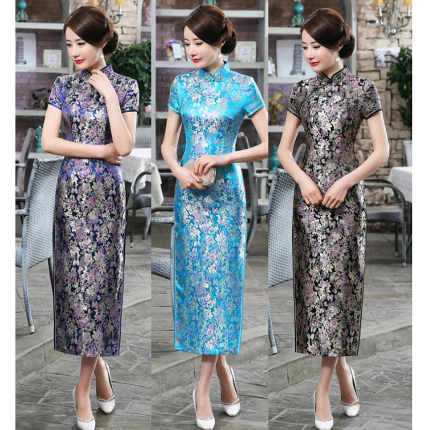 

New Arrival 100% Brand New Chinese Women's Brocade Satin Handmade Coil Clasper Long Cheong-sam Dress S M L XL XXL 3XL C0036