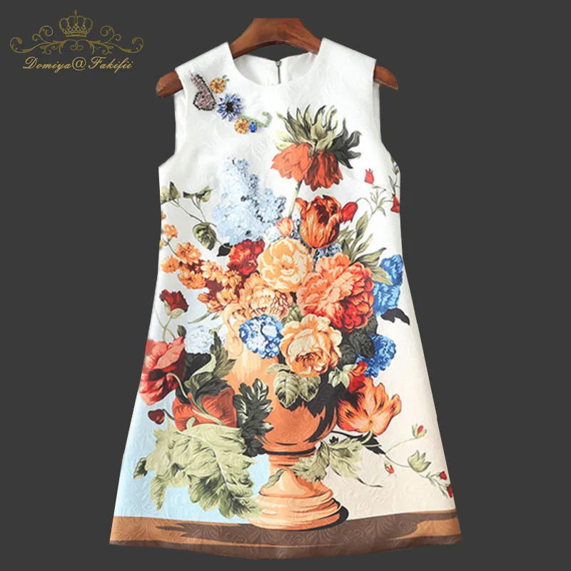 

2018 Brand Designer Tank Dress Women's Vintage Print Sequined Diamonds Elegant Party Mini Straight Dress Vestidos Family Clothes