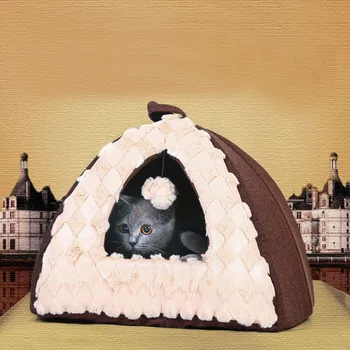 

Brown Folding And Washable Hot Velvet Cat Castle Dog Cat Puppy Yurt Tent House