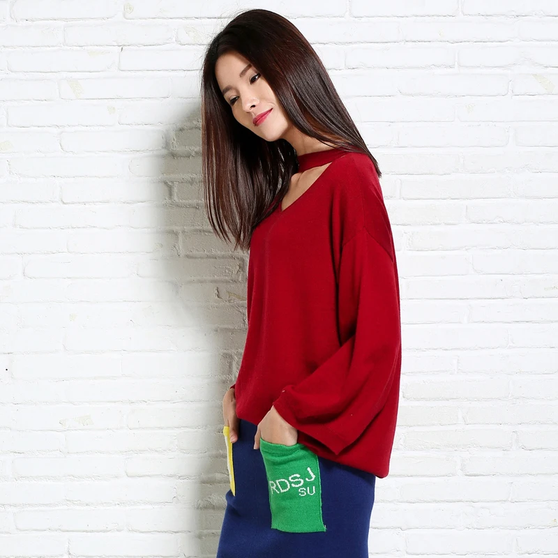 HZYRMY Spring Autumn New Women' Cashmere Sweater Fashion Loose large size V-Neck Solid color Wool pullovers Long sleeve Sweaters Sweaters