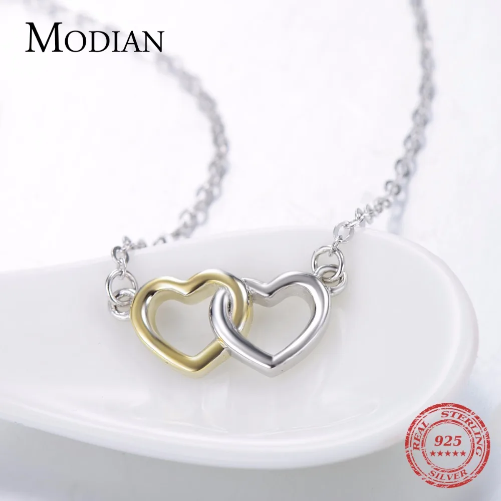 Modian, высокое качество, 925 пробы, серебро, двойные сердца, подвеска, ожерелье, золото и белый цвет, цепочка для женщин, свадебные украшения, подарок
