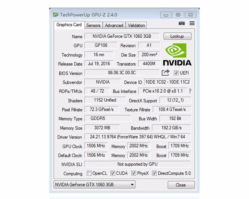 Видеокарта GTX1060 3GB 192BIT GDDR5 NVIDIA GeForce PC Gaming