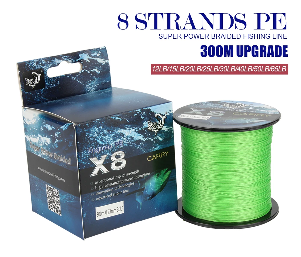 RoseWood New Braided Fishing Line 300M 8 Strands Ultra Strong Superline Braid Fishing Line 12LB-65LB Sea Ocean Smooth Casting