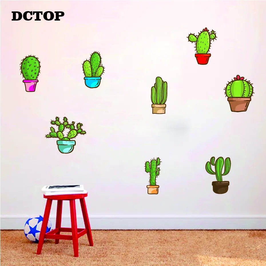 

Nature Cute Mini green potted Cactus Wall Stickers Greenery Plant Art Decals Kids Children's Room Living Room Home Decor Mural