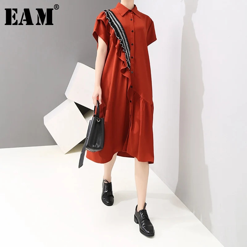 

[EAM] 2019 New Spring Summer Lapel Short Sleeve Black Loose Ruffles Stplit Joint Big Size Shirt Dress Women Fashion Tide JU285