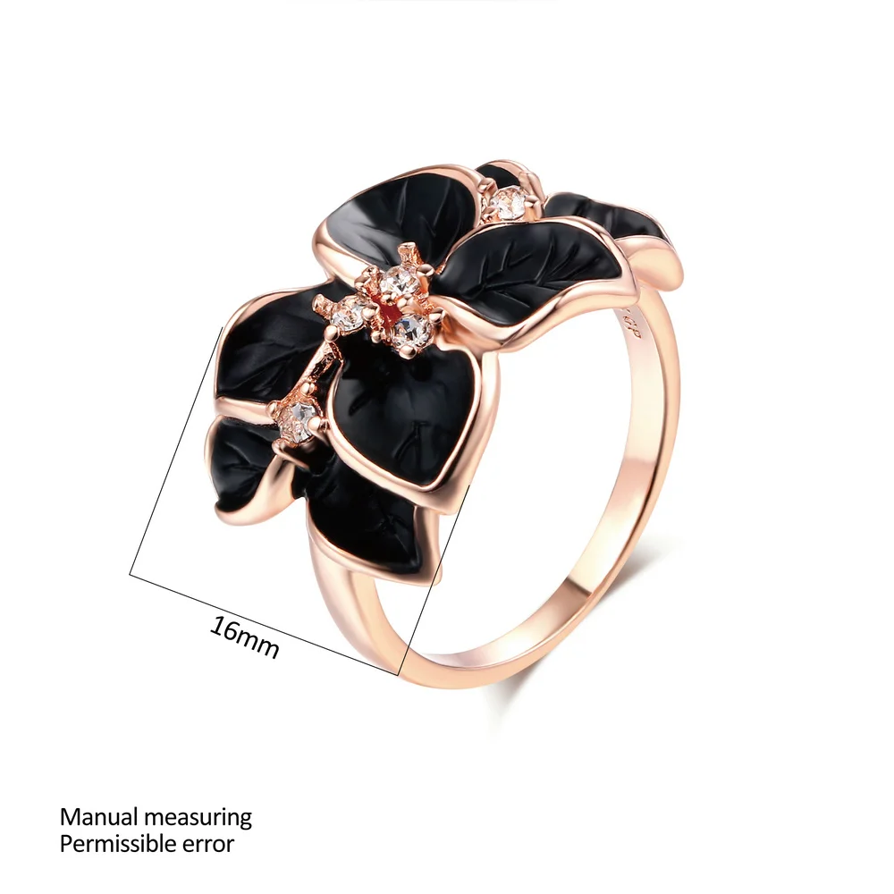 Double Fair Brand Romantic Leaf Black Drip oil Ring Rose Gold Silver Color Vintage Fashion Jewelry For Women DFR678 DFR679
