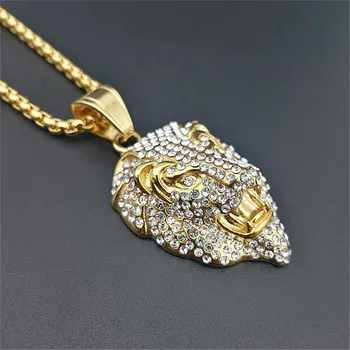 

Hip Hop Chain For Men Big Lion Head Statement Pendant Necklaces Gold Color Stainless Steel Iced Out Hippie Kpop Jewelry XL1207