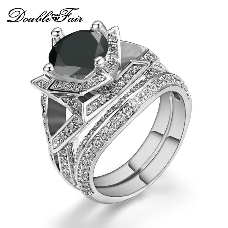 

Double Fair Brand Cubic Zirconia Black Nano Rings Sets Silver Color Fashion Brand Crystal Ring Sets Women Jewelry DFR633