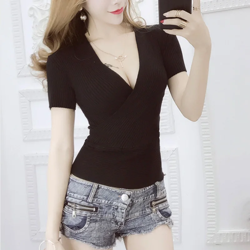 

2019 Summer Fashion White T-shirts Women V-Neck Knitted Tee Shirt Femme Short Sleeve Tops Slim Sexy Black Tshirt Camisetas Mujer