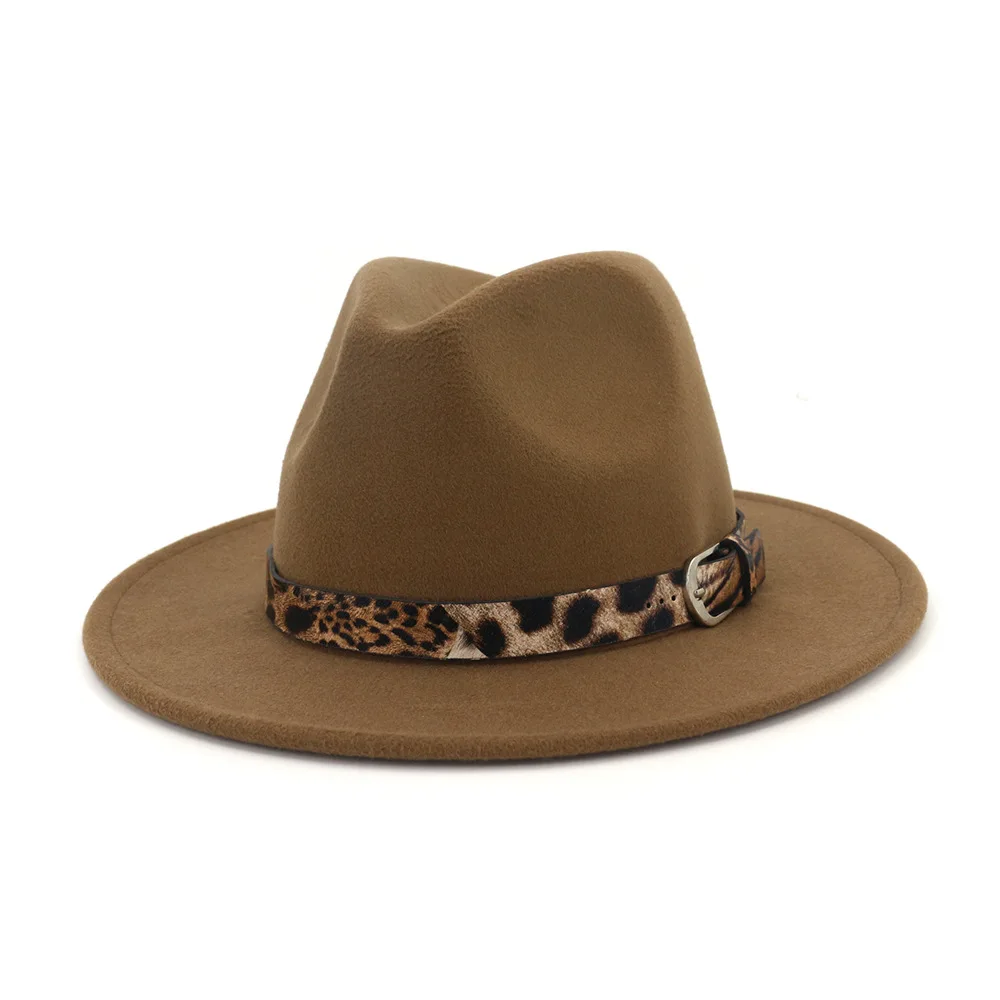 Для женщин шерсть полые западная ковбойская шляпа для поднятия шляпа с широкими полями в ковбойском Стиле Джаз для конного спорта сомбреро с леопардовой расцветкой и лента с принтом AD0822
