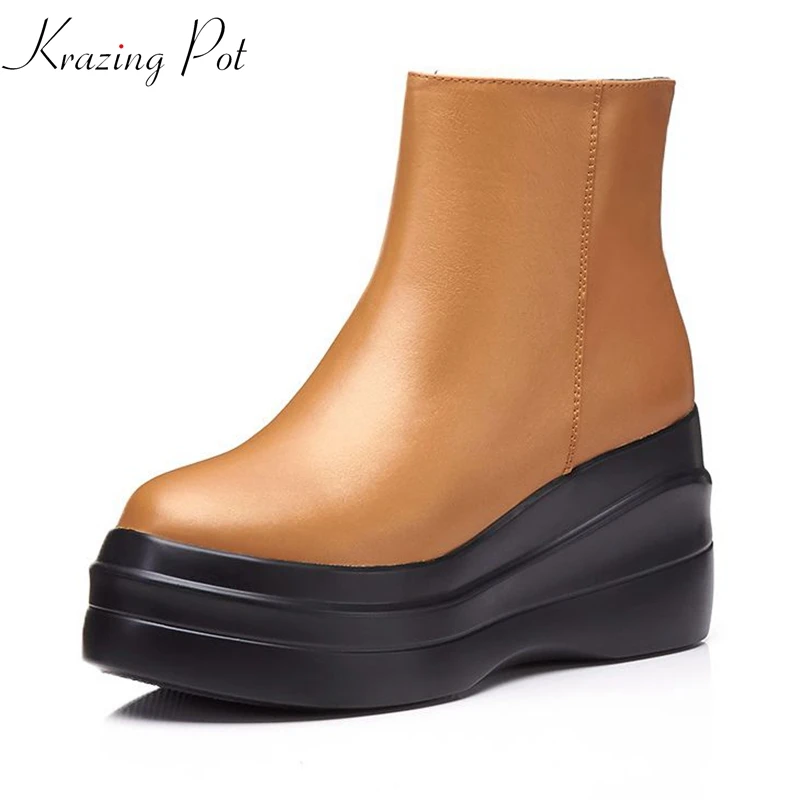 

Krazing Pot cow leather winter high heels round toe zipper Chelsea boots wedges platform leisure increasing mild-calf boots L90