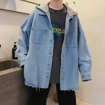 

2019 Men's Casual Removable Hat Worn-out Long Sleeves Cowboy Blue Color Coats Loose Shirts Streetwear Bomer Denim Jacket M-2XL