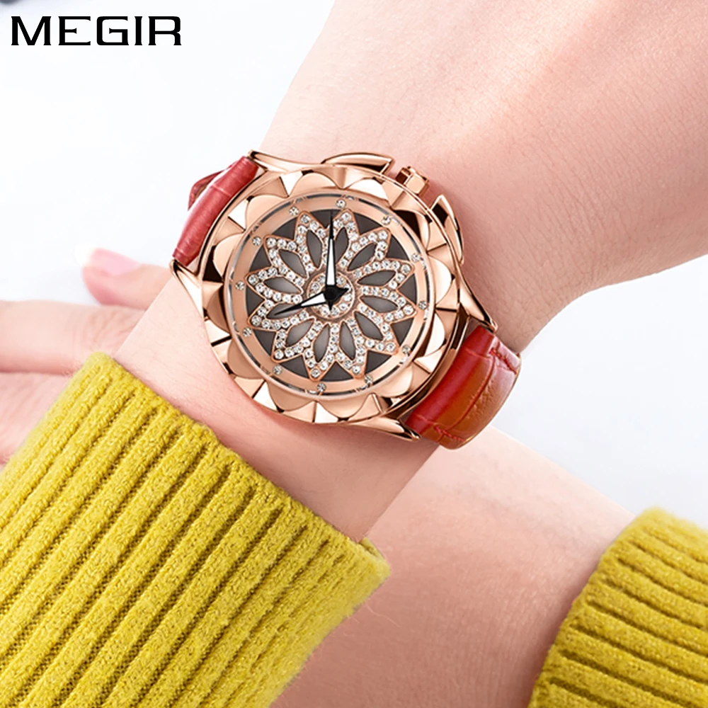 

MEGIR luxury brand fashion red leather band quartz women watches ladies rose gold watch rhinestones wristwatch montre femme 2018