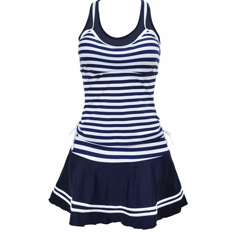 

MUXILOVE Women School Sporty Style Swimwear Navy stripes Print Tankinis Two Pieces Dress Swimsuits Plus Size M~4XL