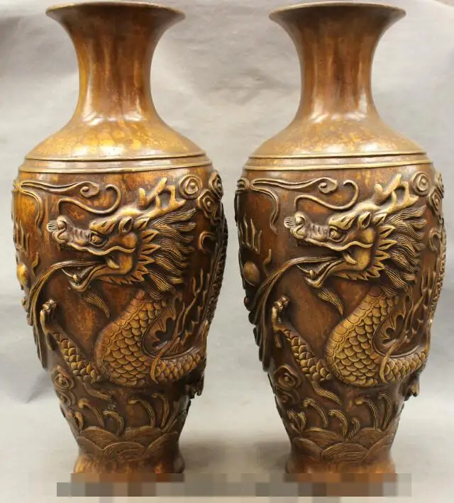 

S02329 22" Chinese Bronze Buddhism Fly Dragon Ball Head Statue Palace Pot Vase Pair